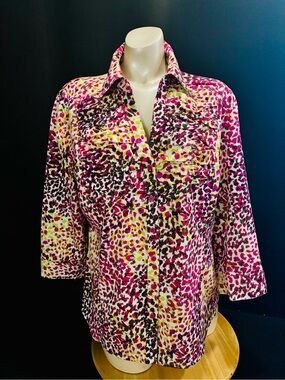 Como Petite PXL Cotton Spandex Women’s Pink & Yellow Printed Button-Down Shirt